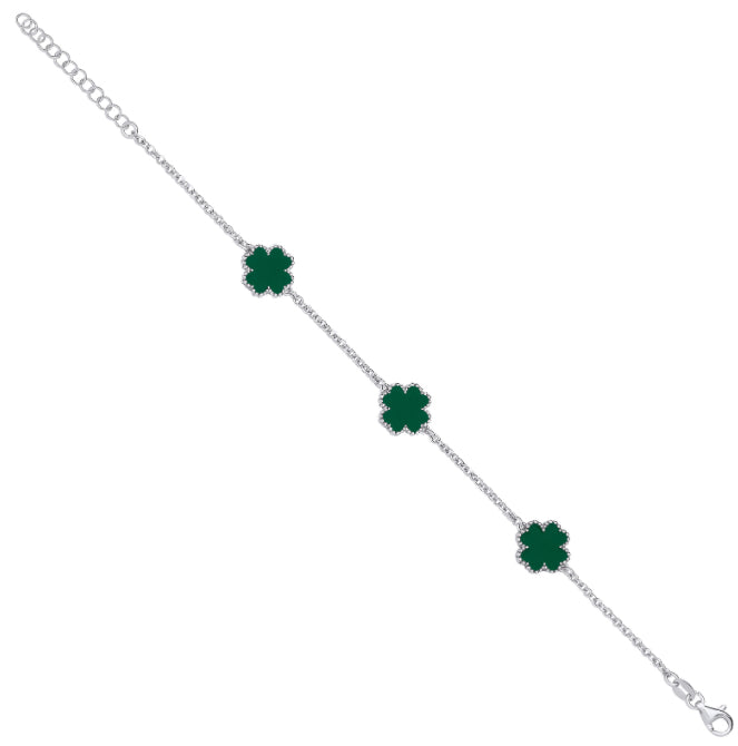 Silver GREEN Enamel Four Leaf Clover Bracelet