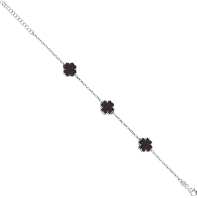 Silver BLACK Enamel Four Leaf Clover Bracelet