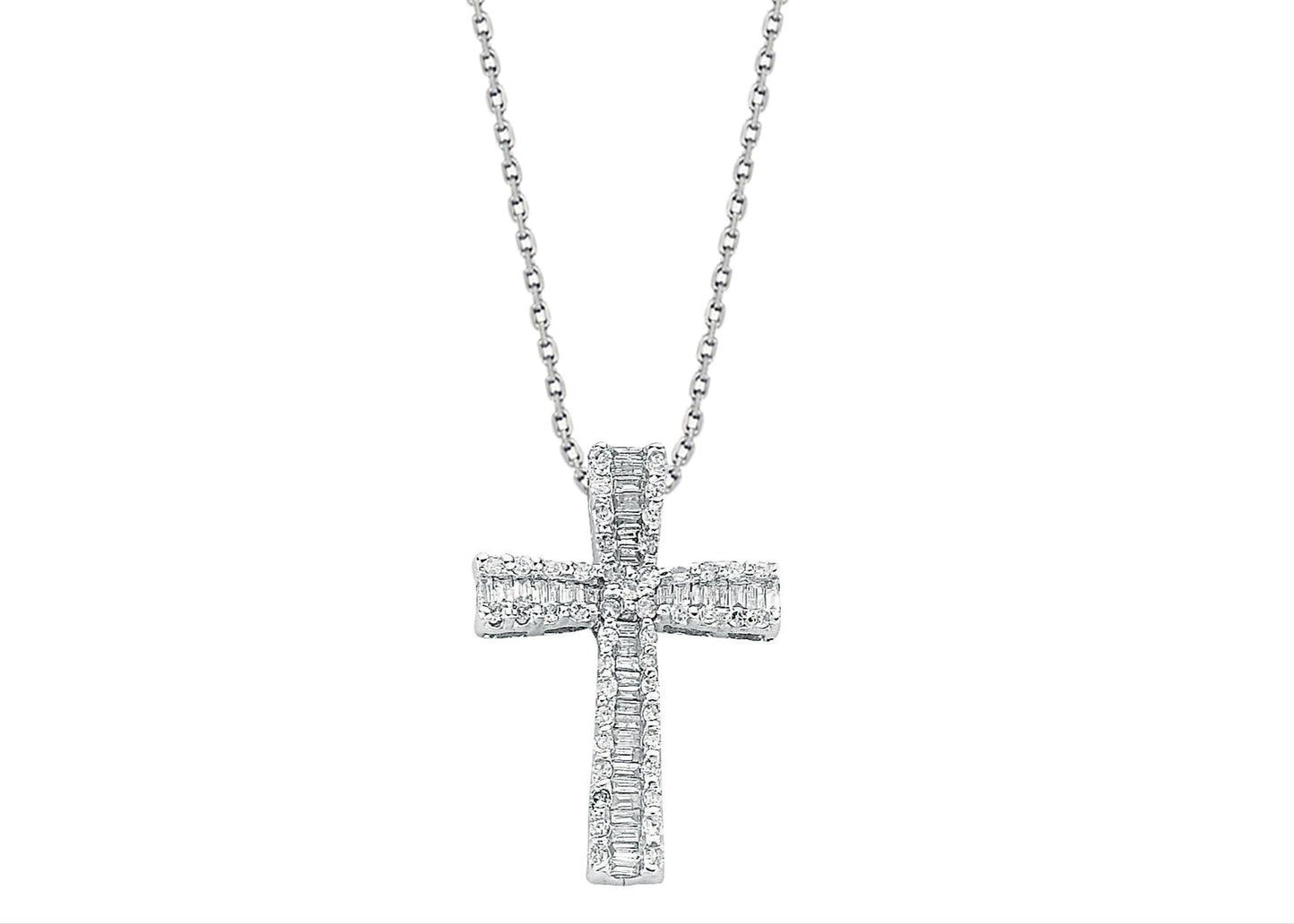 9ct White Gold 0.50ct Brilliant & Baguette Cut Diamond Cross Pendant with 18in/45cm Chain