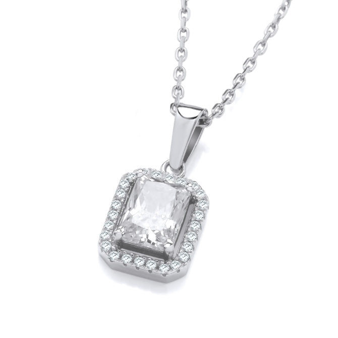 Emerald Cut Cz Halo Silver Necklace