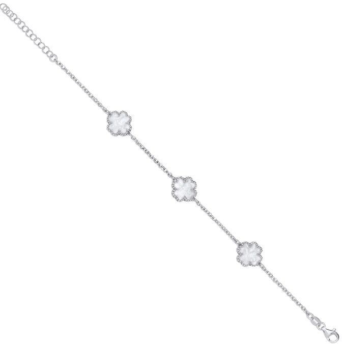 Silver WHITE Enamel Four Leaf Clover Bracelet