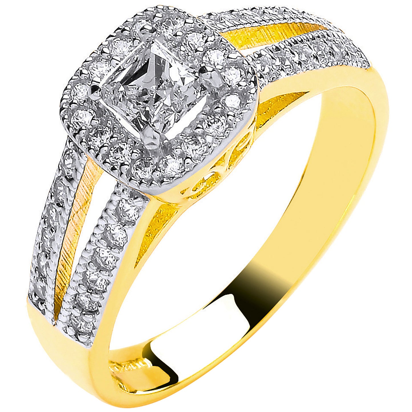 Y/G Ladies Princess Centre Split Shank Cz Ring