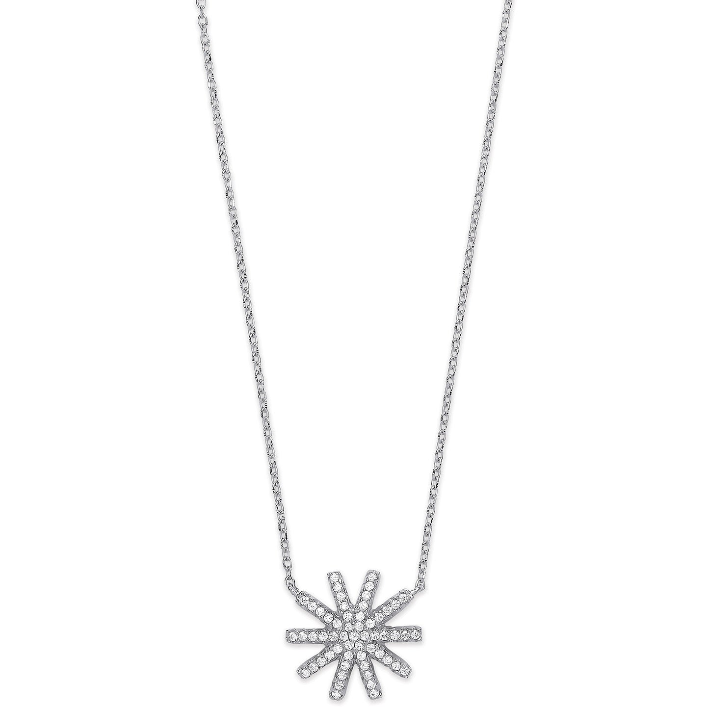 Silver Cz Starburst Pendant 16" Necklace