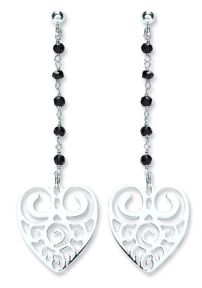 # P/P Silver Black Bead Filigree Heart Drops