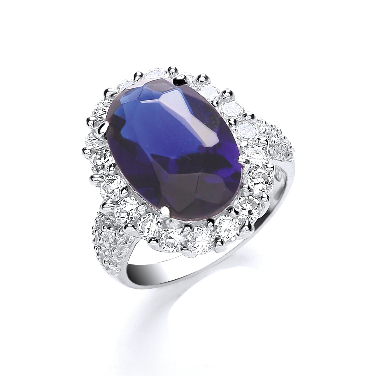 Silver Blue Oval S/S Cz Shoulders Ring