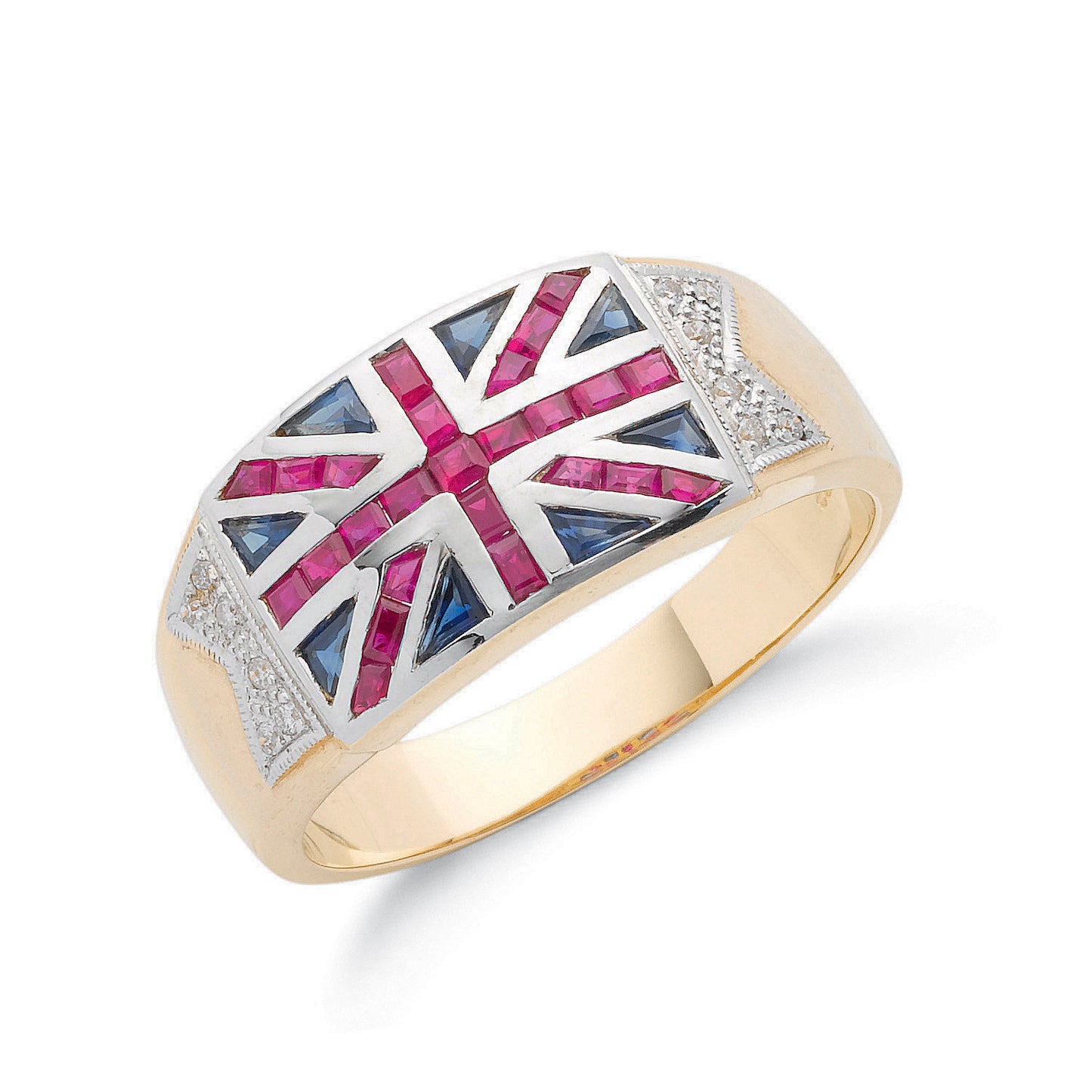 9ct Y/G 0.06ct Diamond 0.30ct Blue Sapphire &1.00ct Ruby Union Jack Ring