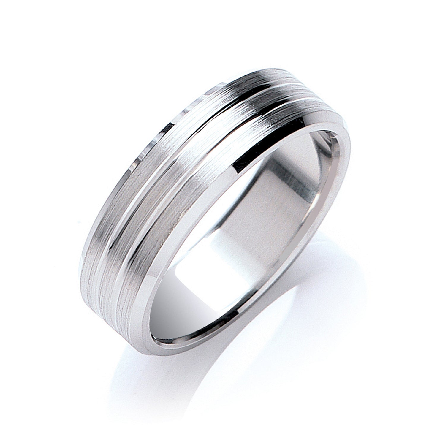 7mm Flat Court Bevelled Edge Matt & Grooves Wedding Band