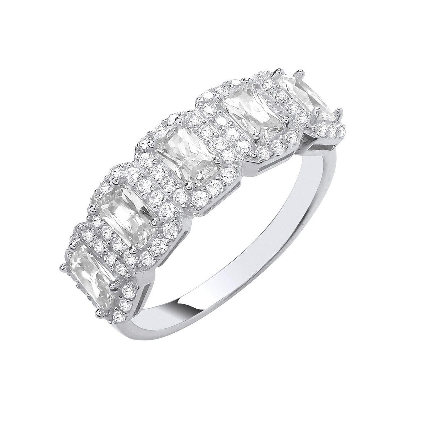 Silver 5 Emerald Cut CZs Halo Ring