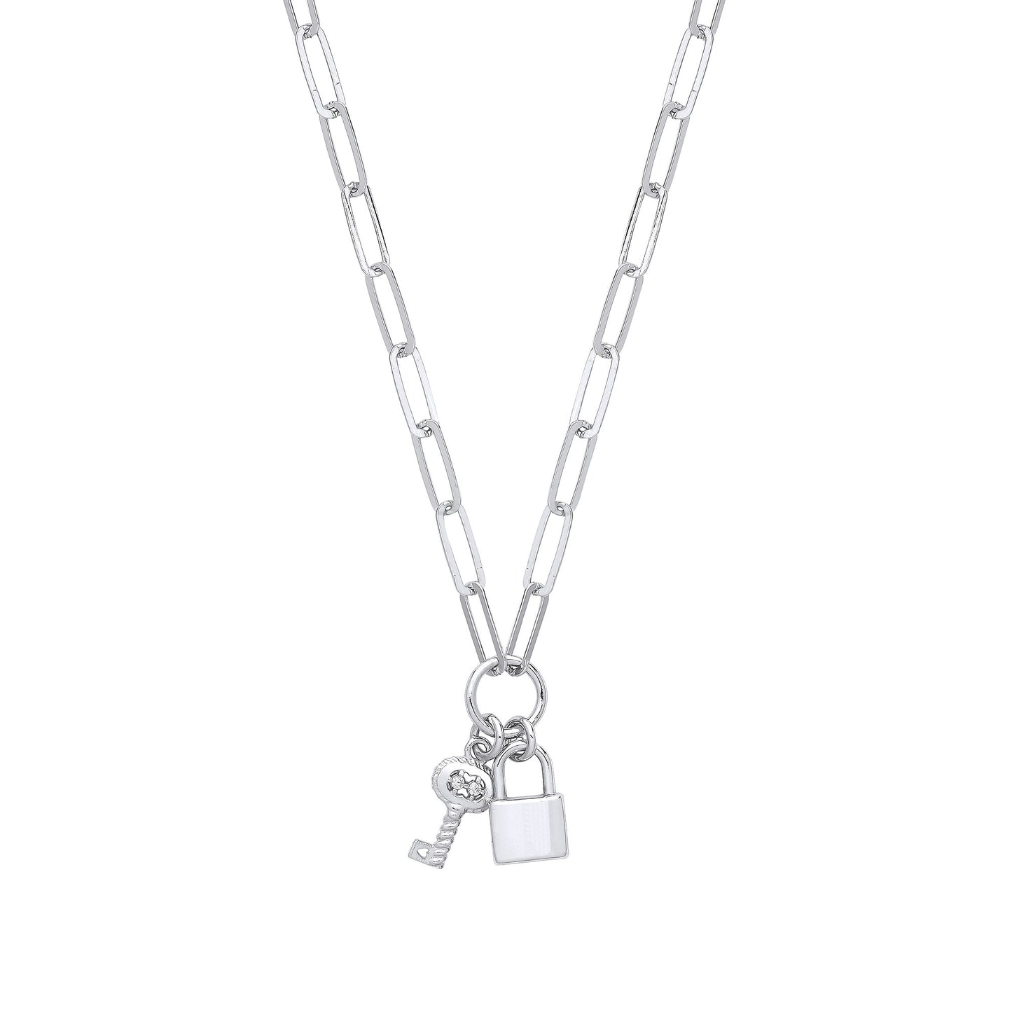 Silver Paper Clip Chain , Padlock & CZ Key Necklace