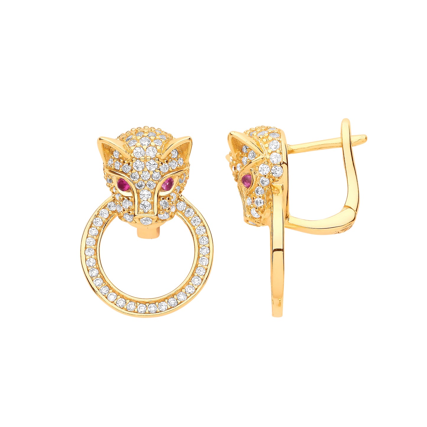 Silver YG Plated CZ Jaguar Door Knocker Drop Earrings
