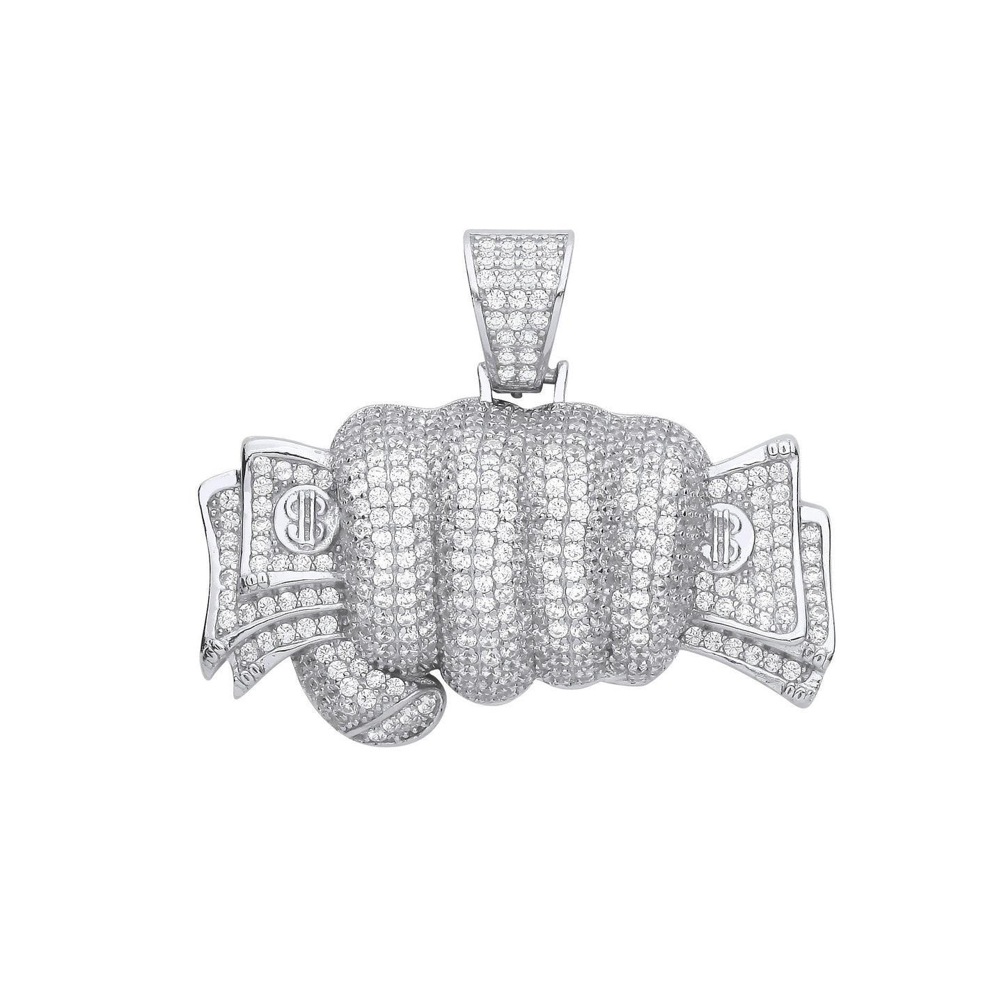 Silver Fist Full of Cash CZ Hollow Pendant