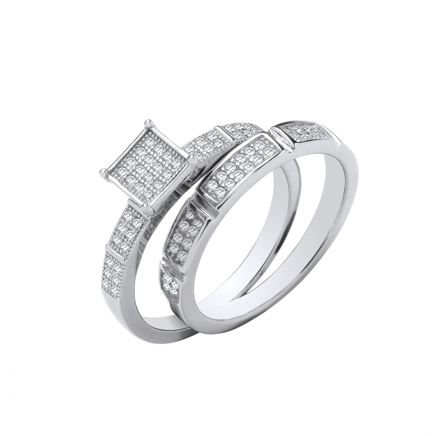 Silver Bridal Set Square Top CZ Half ET Rings