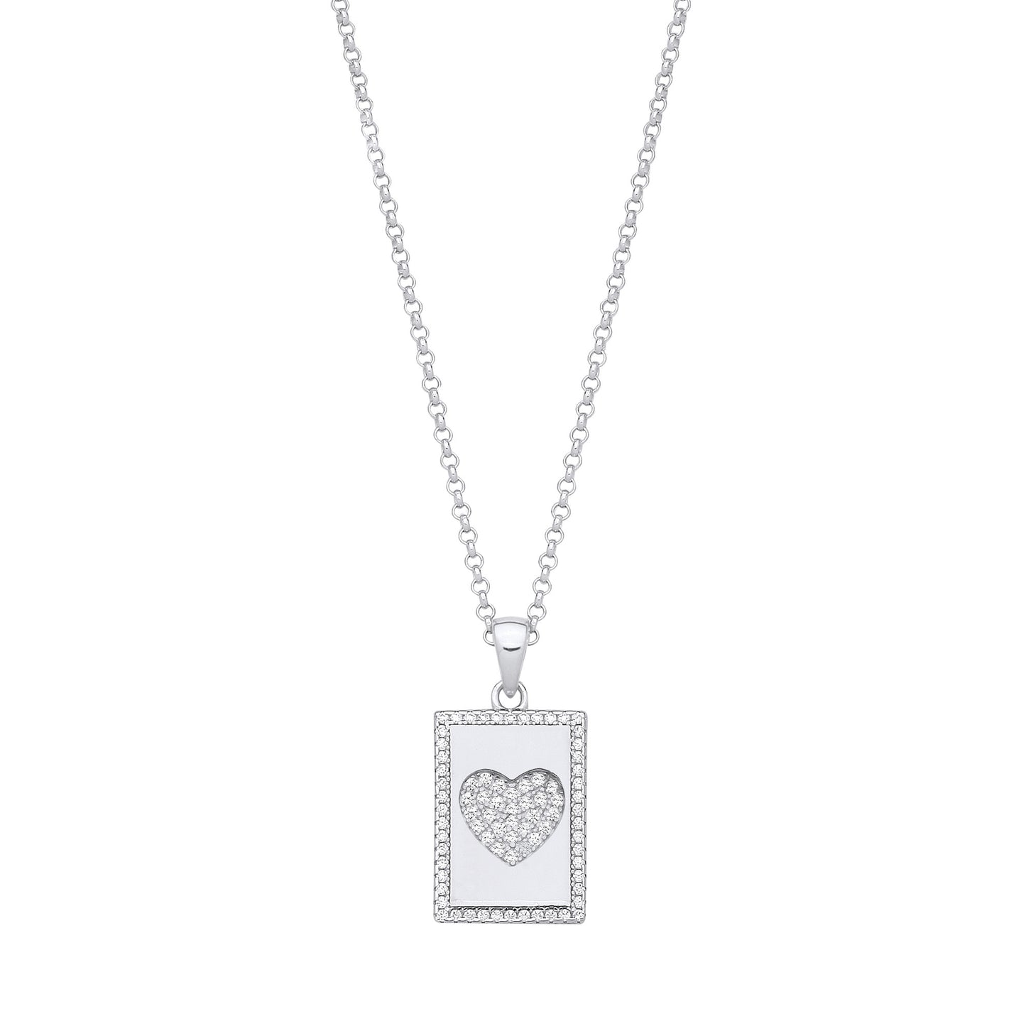 Silver Dog Tag CZs Heart Pendant on Chain