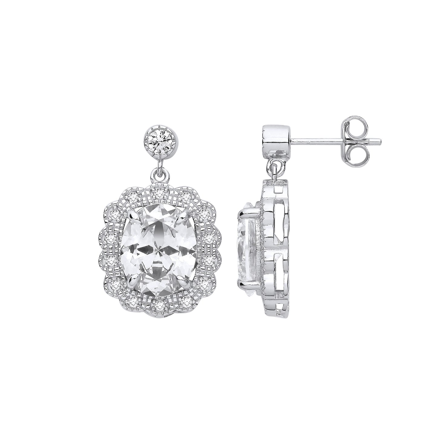 Silver Halo Drop CZ Earrings