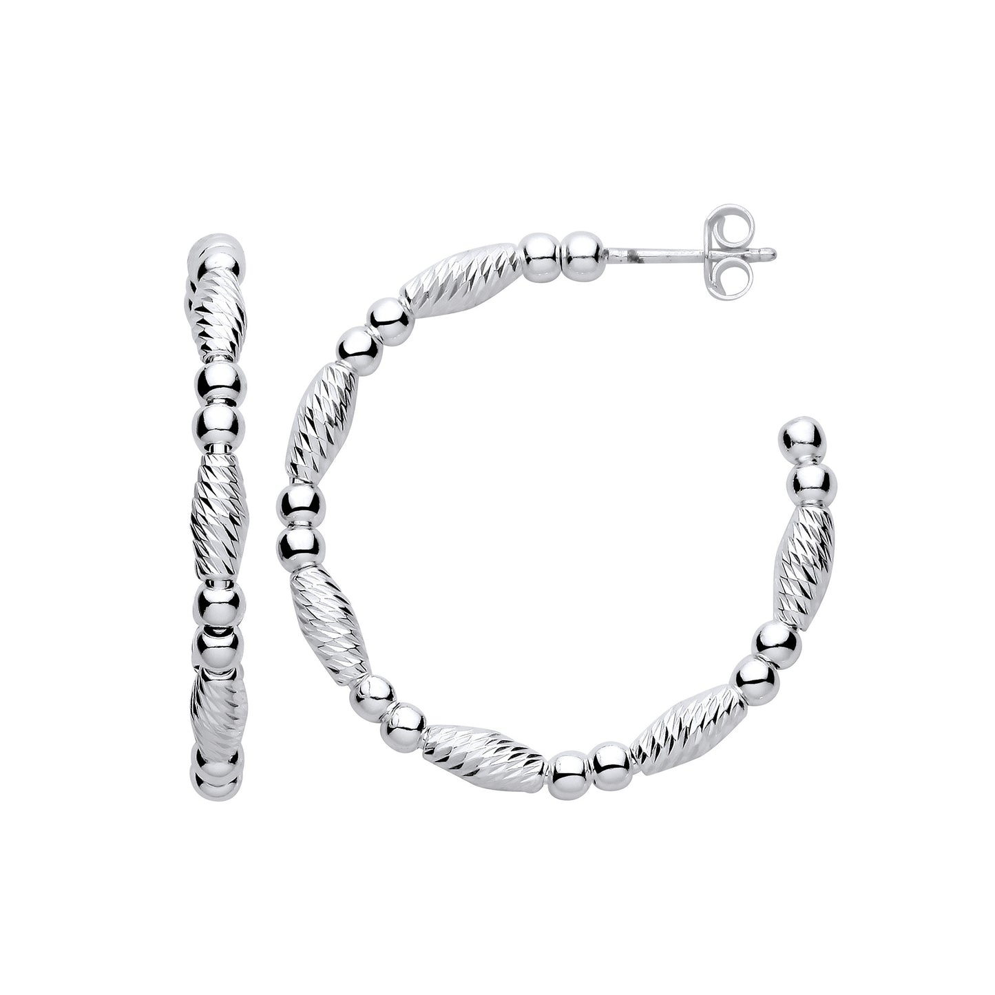 Silver Beads and Twist Medium Hoop Earrings