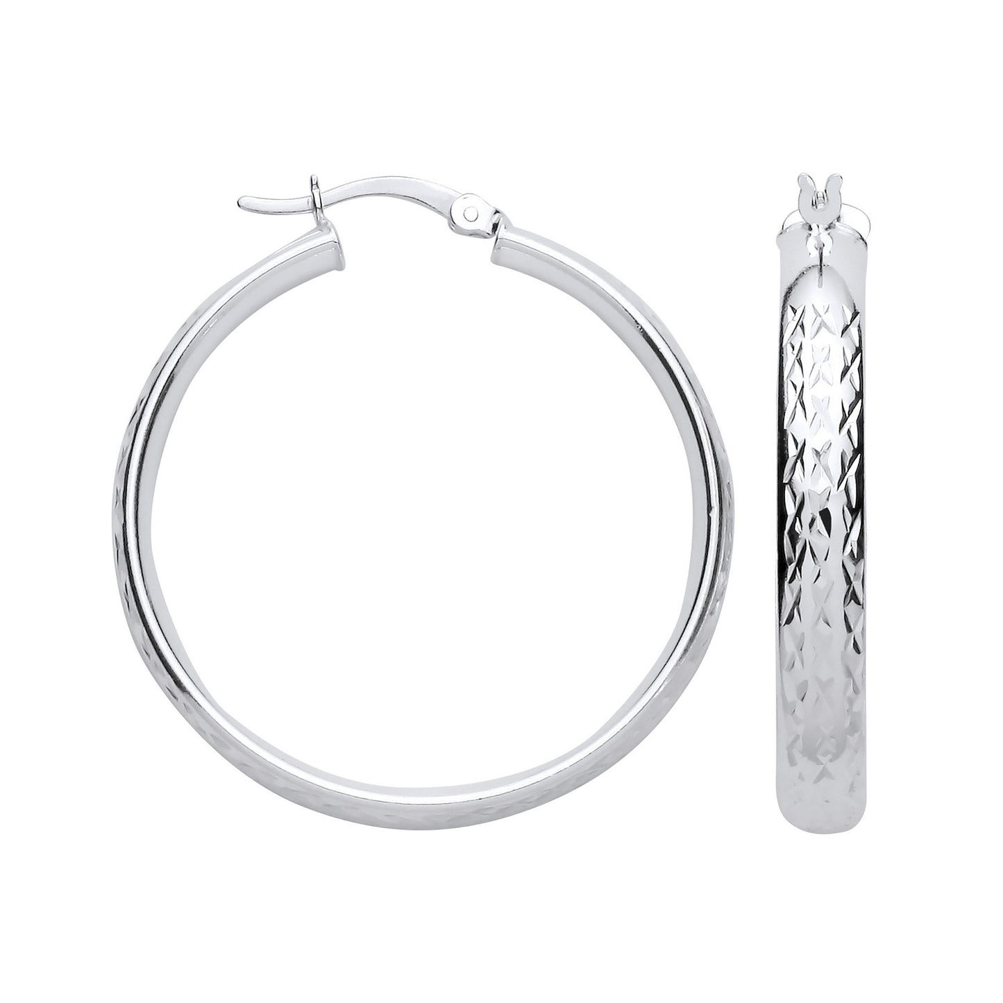 Silver 30mm Tyre Tread Design D Shape Earrings