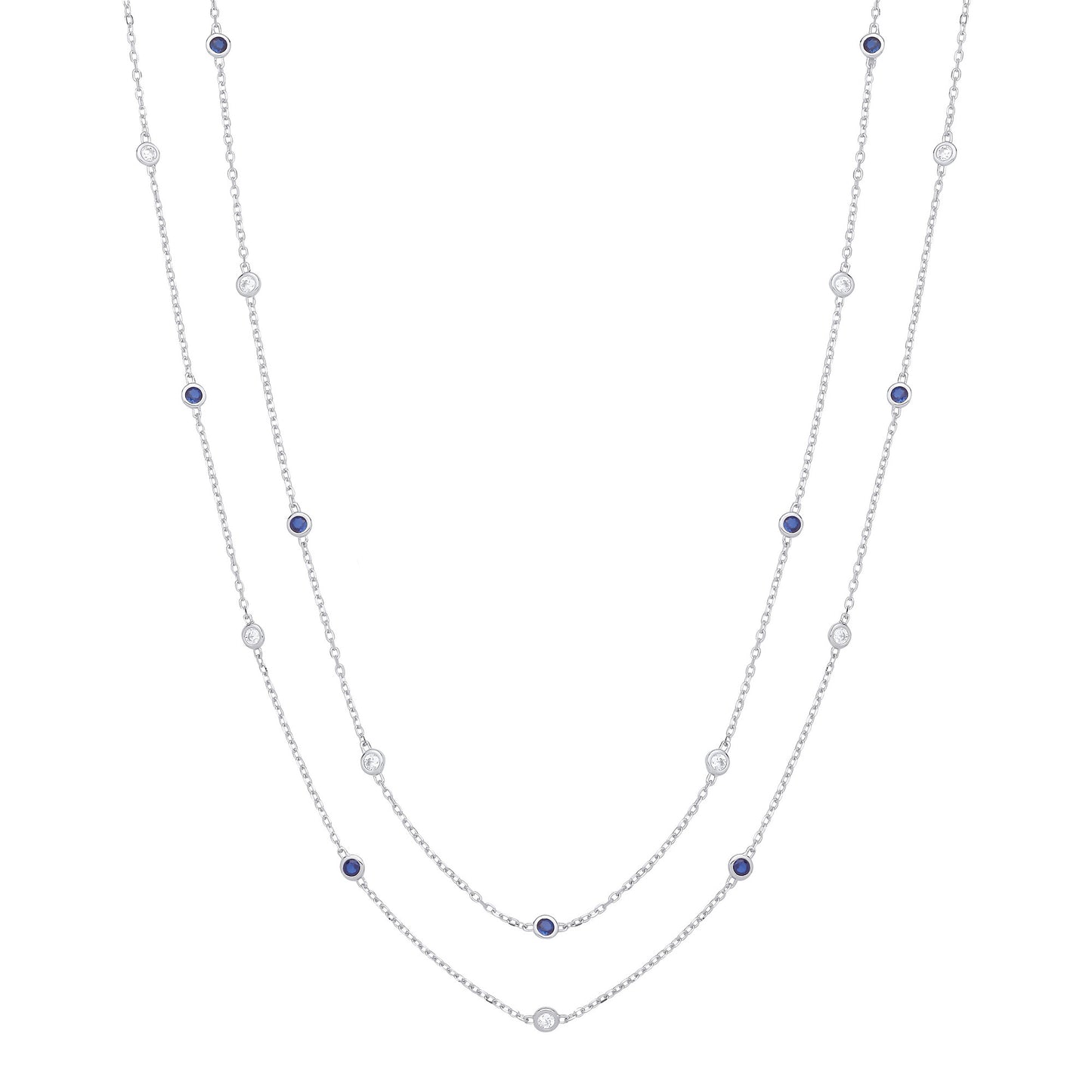 38" Silver Rubover Blue & Clear Cz's Necklace