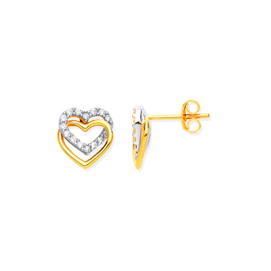 Y/G Double Hearts, Plain & Cz's Stud Earrings
