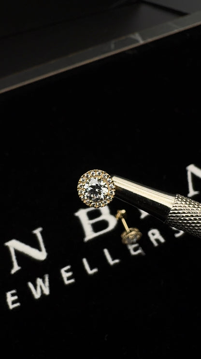Y/G 8mm Round CZ Halo Stud Earrings
