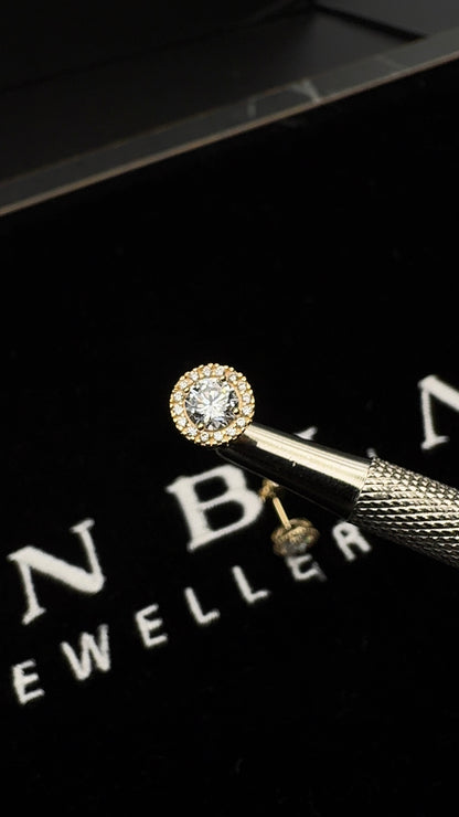 Y/G 8mm Round CZ Halo Stud Earrings