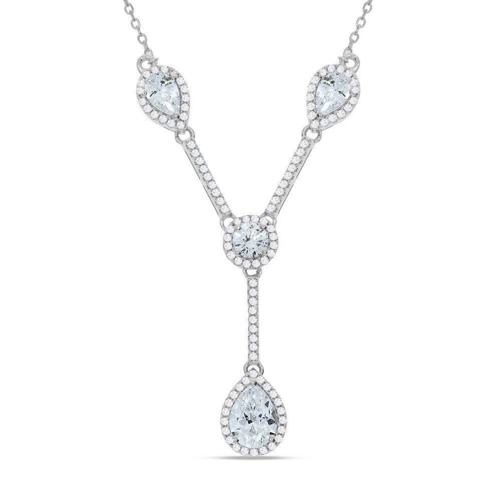 Silver Teardrop & Round Cz's Necklace 18"