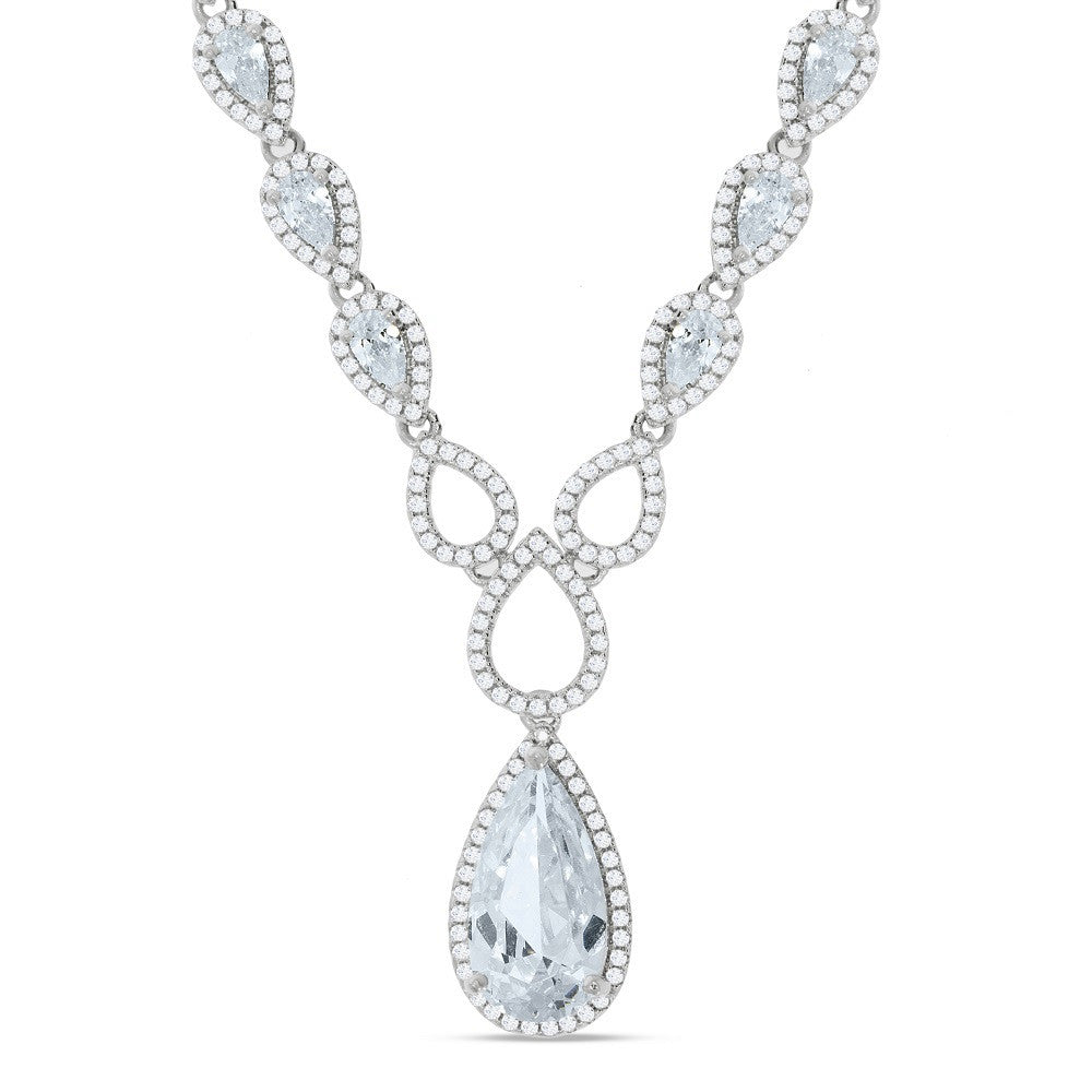 Silver Pear Shaped Drop Set Clear Cz's Necklace 18"