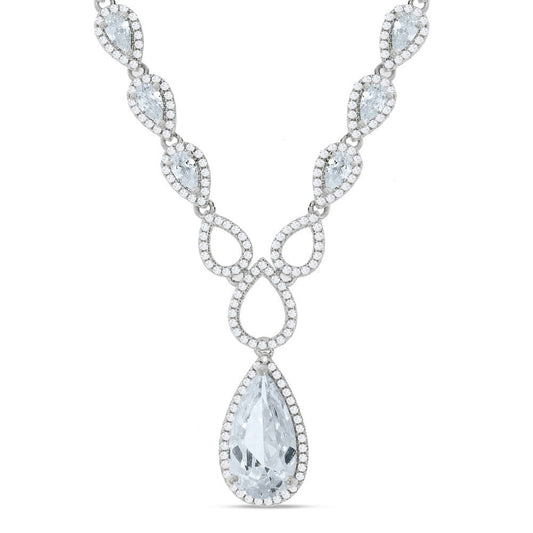 Silver Pear Shaped Drop Set Clear Cz's Necklace 18"