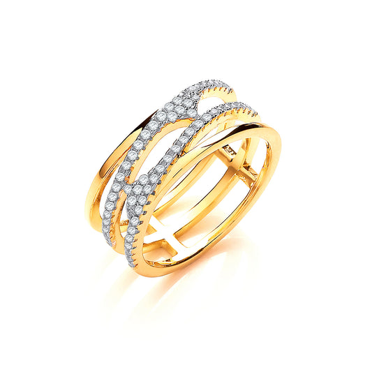 Yellow Gold Coated Silver, Three Row, Micro Pave Cz Ring