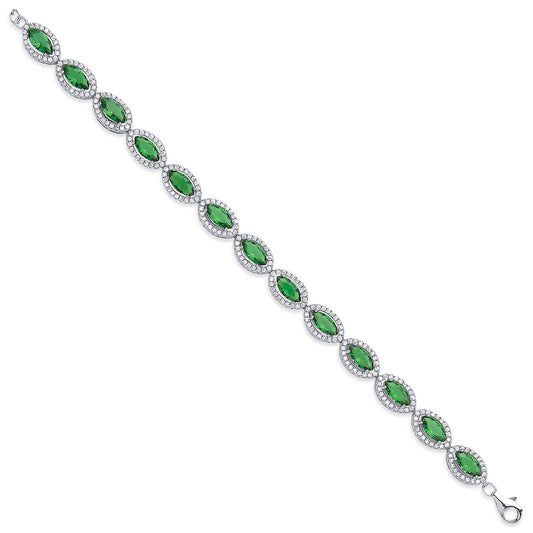 Silver 7.4mm Green Marquise Cut CZs Ladies Bracelet