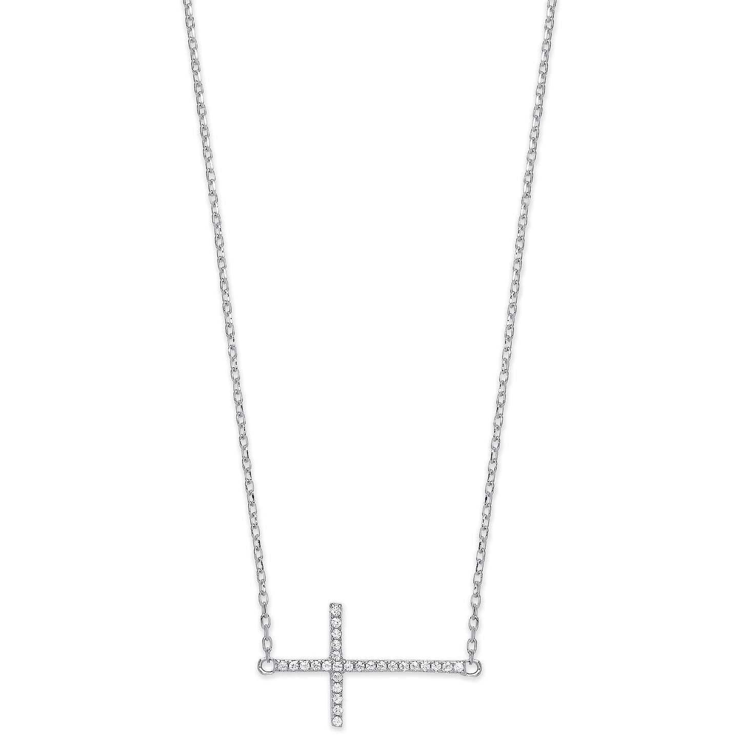 Silver Cz Sideways Cross Pendant 16" Necklace