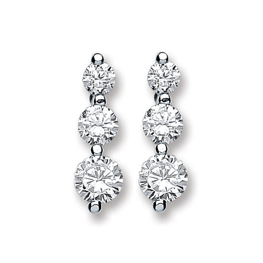 Silver 3 Cz Graduated Drop Earrings