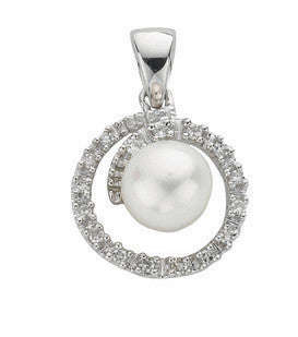 9ct White Gold 0.10ct Diamond & Freshwater Pearl Pendant