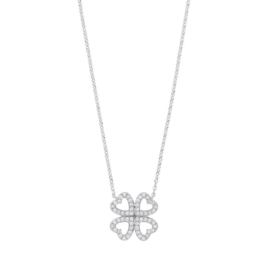 9ct White Gold 0.18ct Diamonds Four-leaf Clover (18in/45cm) Chain
