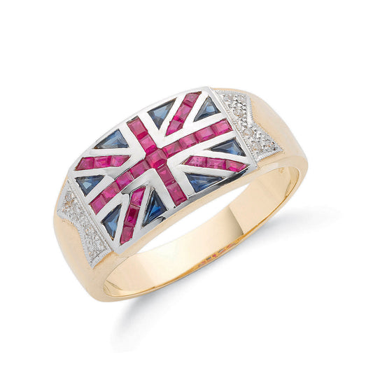 9ct Y/G 0.06ct Diamond 0.30ct Blue Sapphire &1.00ct Ruby Union Jack Ring