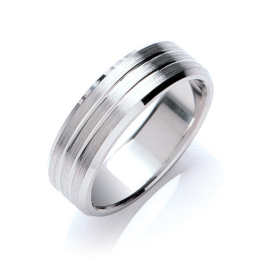 7mm Flat Court Bevelled Edge Matt & Grooves  Wedding Band