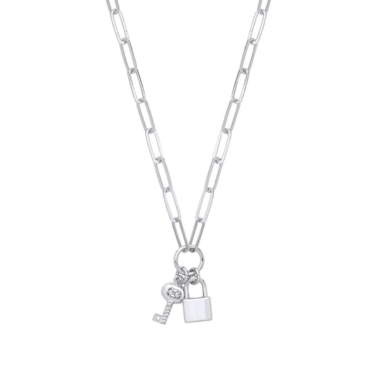 Silver Paper Clip Chain , Padlock  & CZ Key Necklace