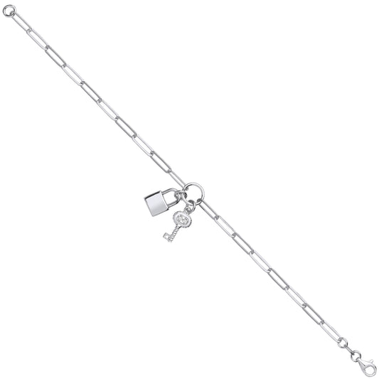 Silver Paper Clip Chain , Padlock & CZ Key Bracelet