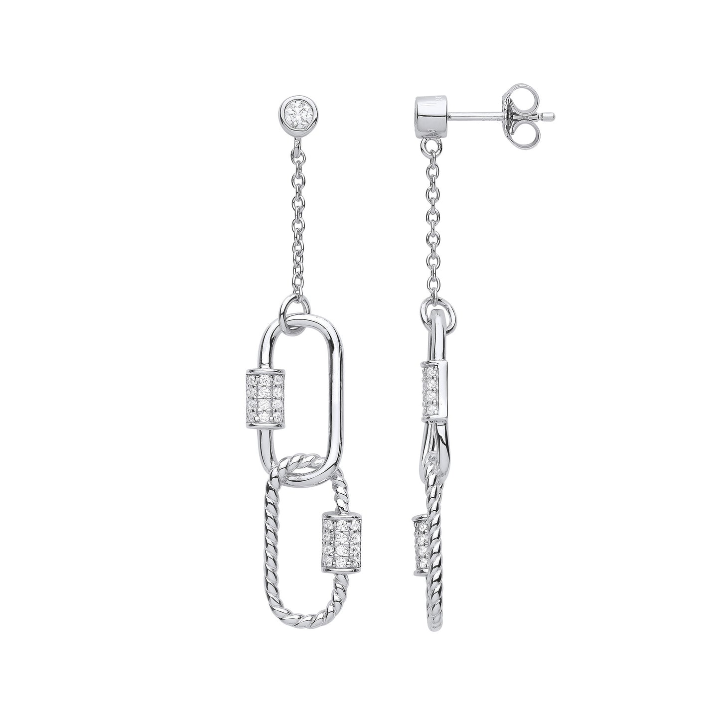 Silver Paper Clip CZ Drop Earrings