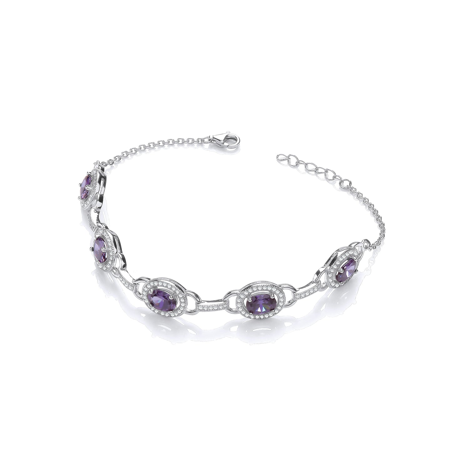 Amethyst & Clear CZs Halo Style Ladies Silver Bracelet