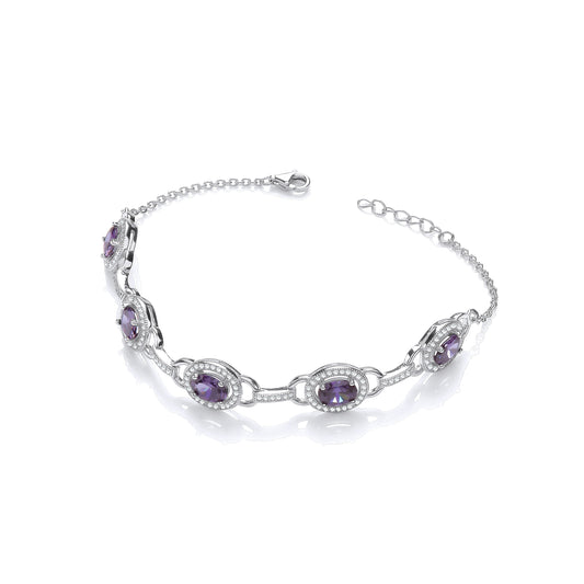 Amethyst & Clear CZs Halo Style Ladies Silver Bracelet