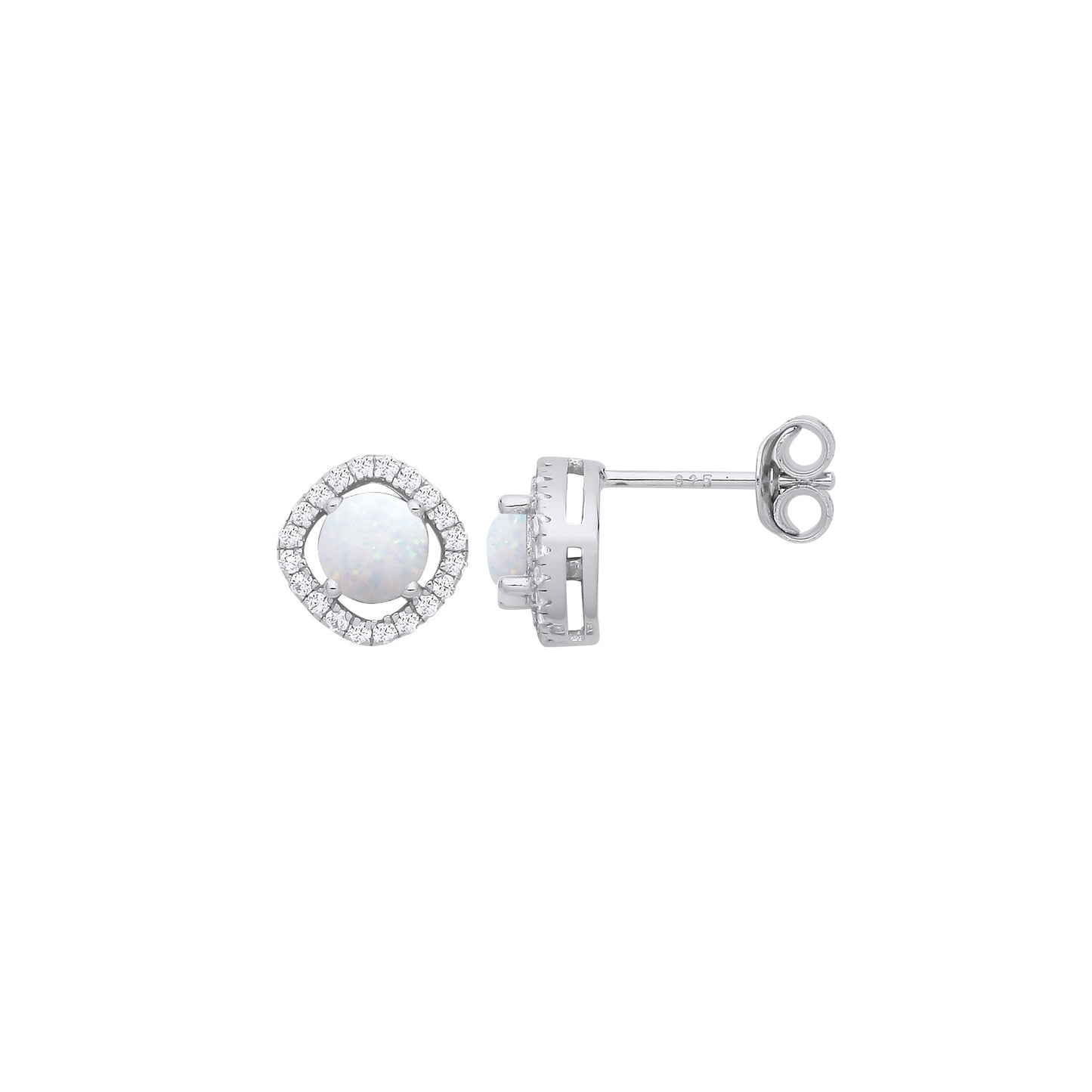 Silver Opal  & CZ Halo Style Stud Earrings