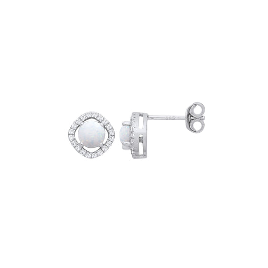 Silver Opal  & CZ Halo Style Stud Earrings