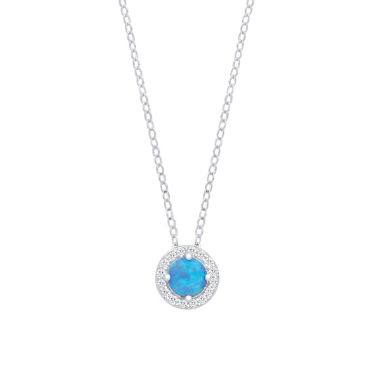 Silver Blue Opal Round Pendant with Chain