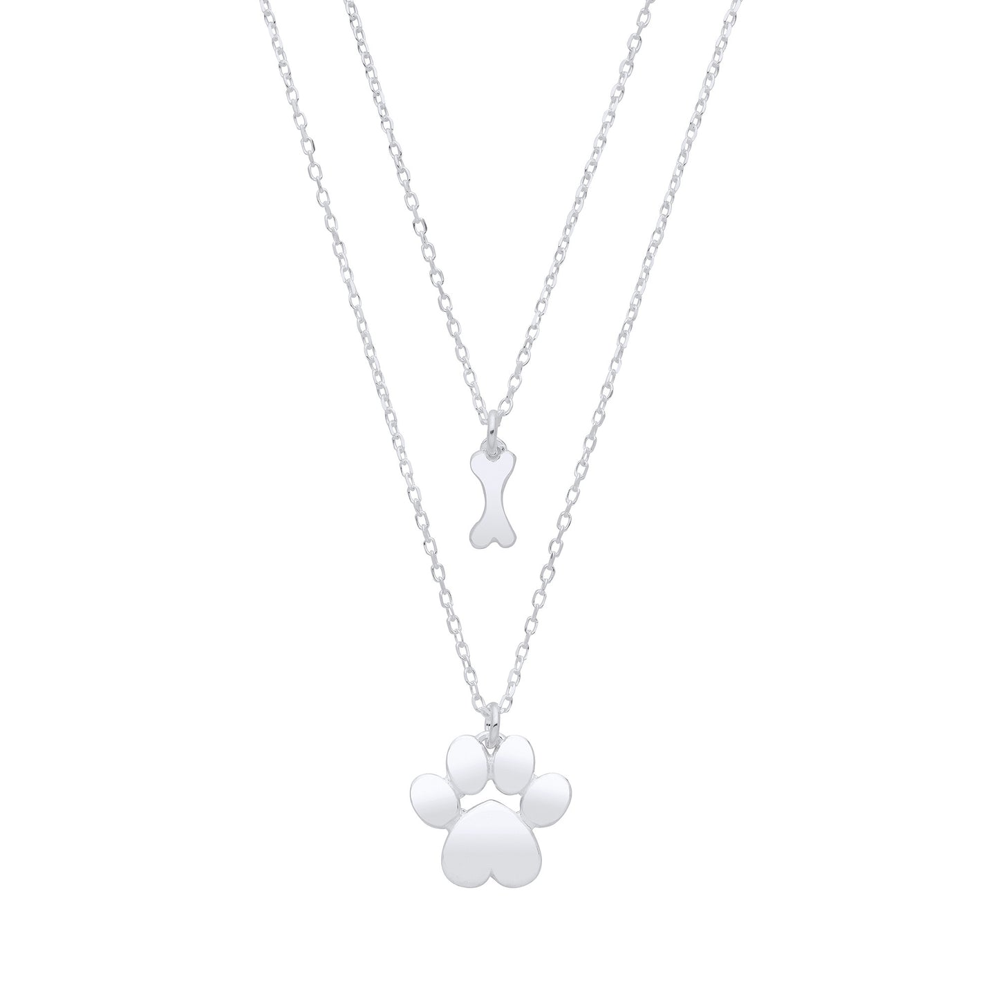 Silver Dog Paw & Bone Pendant Necklace 16" / 18"