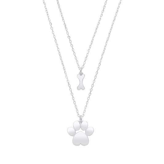 Silver Dog Paw & Bone Pendant Necklace 16" / 18"