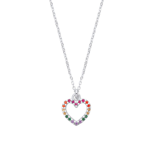 Silver Multi Colour CZ Heart Pendant Necklace