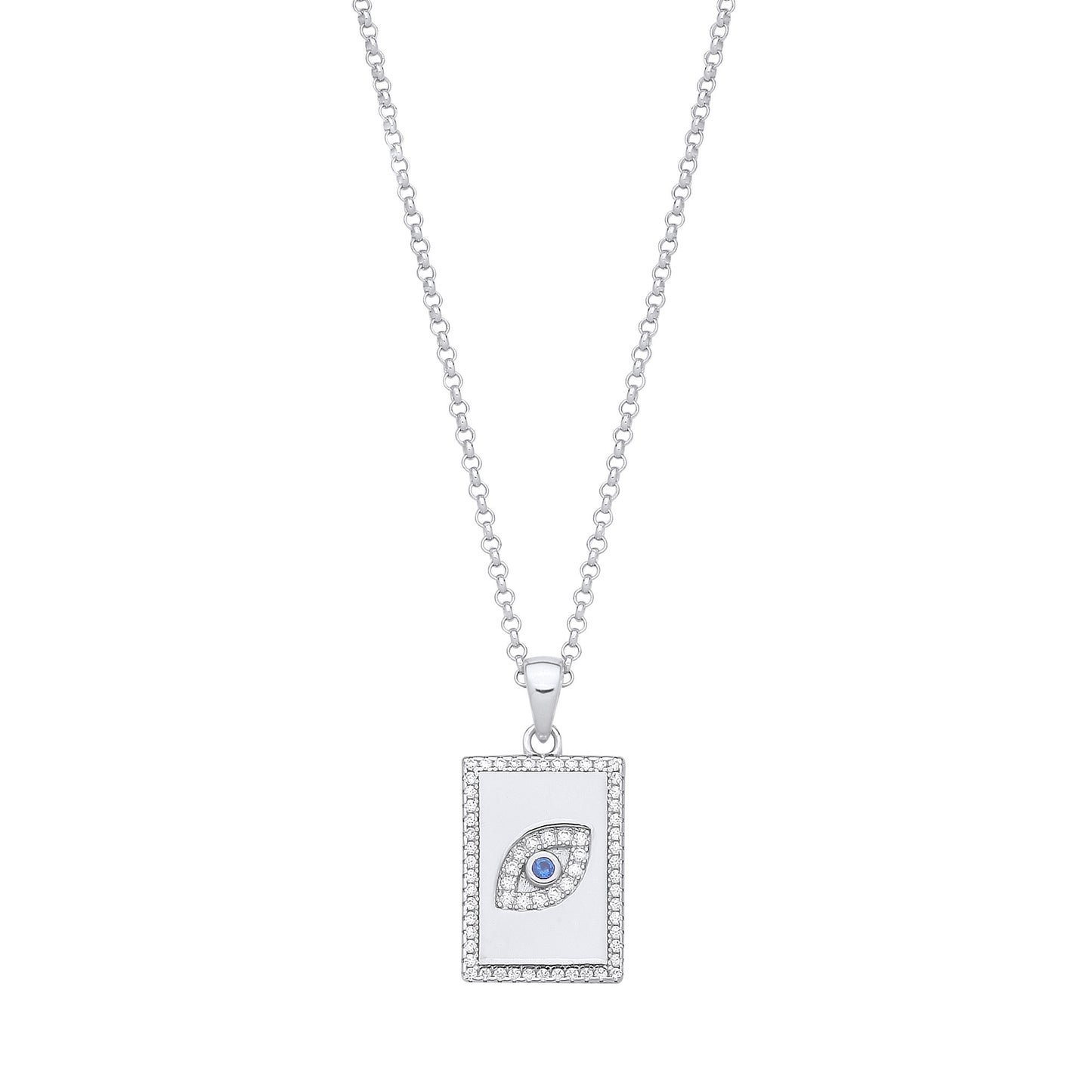 Silver Dog Tag CZs Evil Eye Pendant on Chain