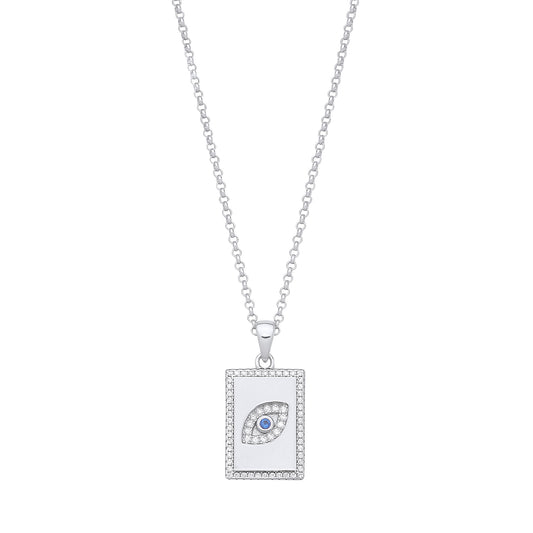 Silver Dog Tag CZs Evil Eye Pendant on Chain
