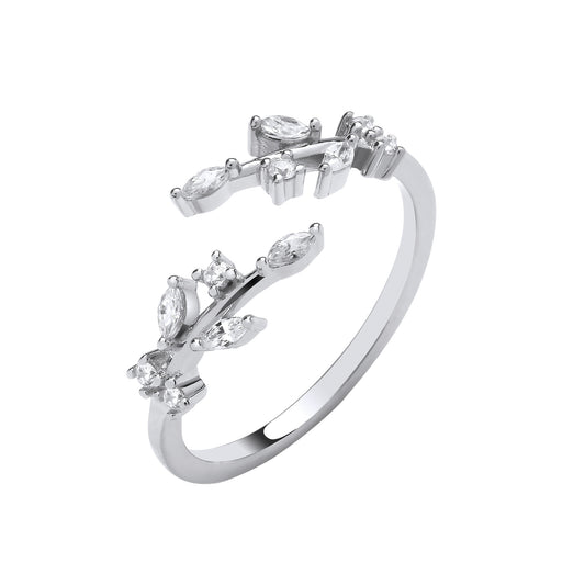Silver Cross-Over Olive Tree CZs Ring