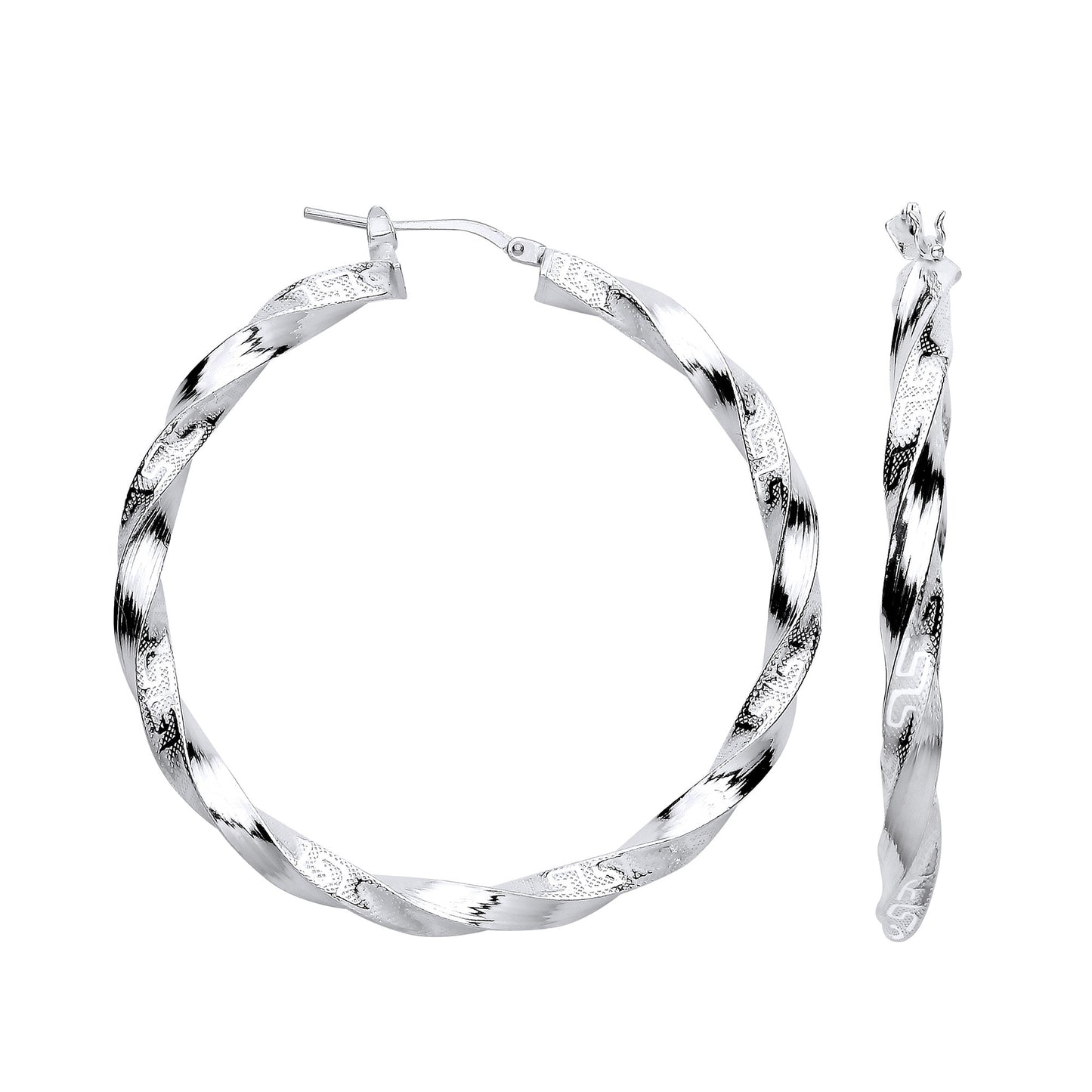 Silver Greek Key Twist Hoop 48mm Earrings